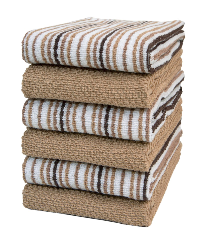 Bumble Towels Kitchen Towels 16â€x 26â€ - 6 Pack | Large Cotton Dish Towels | Popcorn Stripe Design | 430 GSM Highly Absorbent with Hanging Loop | Tan - Image 1